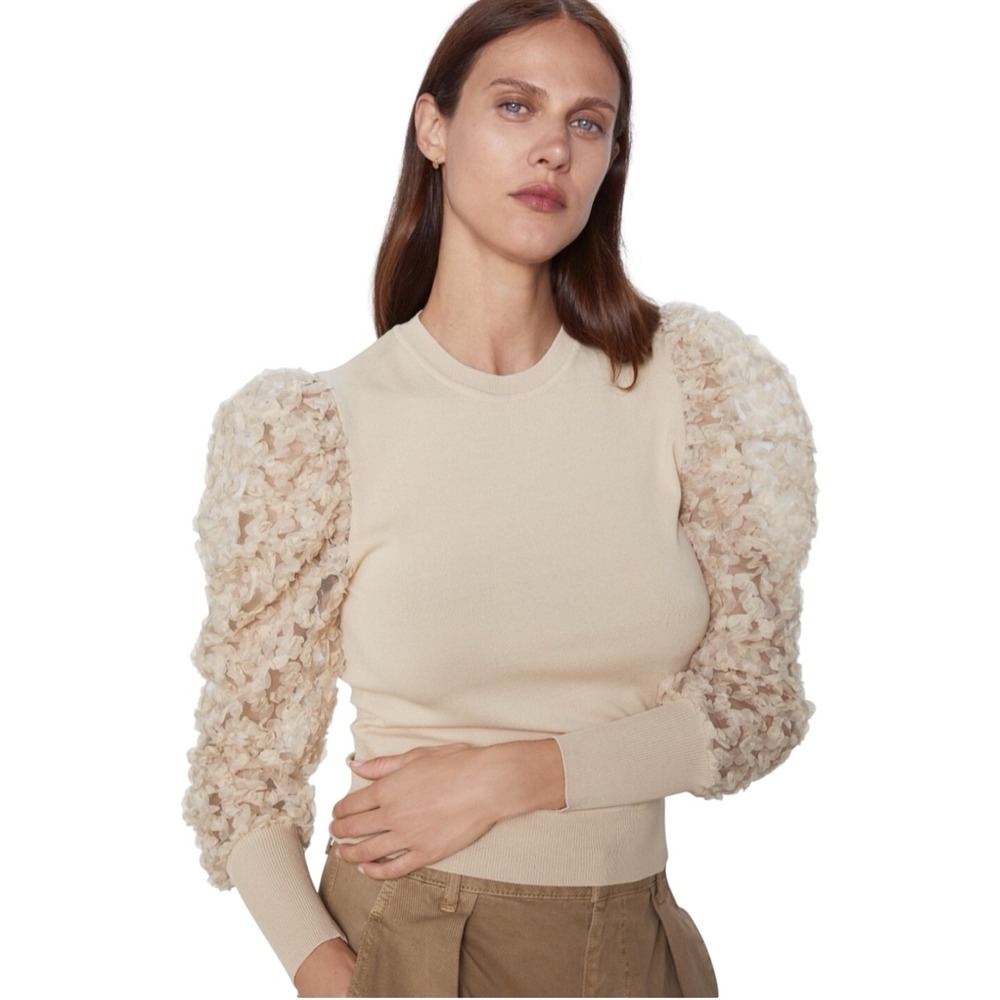 Zara Floral Applique Puff Sleeve Sweater Top Beige Sz L Romantic Feminine